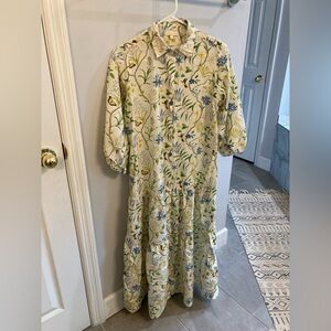 ANN MASHBURN floral and butterfly silk blend midi button up collared dress SZ S